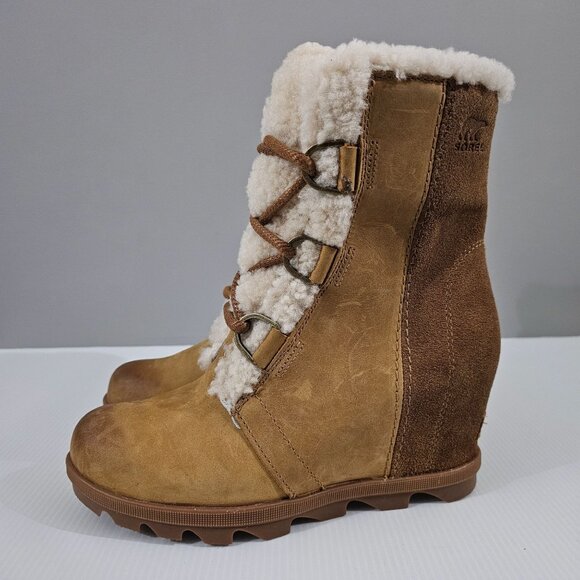 Sorel Joan Of Arctic Shearling Wedge Bootie Waterproof Camel Brown Size 8 - Picture 1 of 14